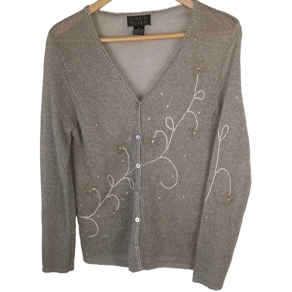 Sigrid Olsen Sweater Womens M Mohair Blend Open Knit Embroidered Lightweight